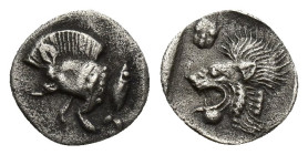 MYSIA, Kyzikos. Circa 525-475 BC. AR Obol (8.7mm, 0.5 g). Forepart of boar left; tunny behind / Head of roaring lion left; facing panther’s head above...