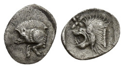 Mysia. Kyzikos circa 480 BC. Hemiobol AR (8.7mm, 0,3 g). Forepart of boar to left, to right, tunny fish swimming upwards / Head of lion to left within...