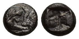Kings of Lydia, Kroisos AR 1/12 Stater. (7mm, 0.9 g) Sardes, circa 550-546 BC. Confronted foreparts of lion and bull / Incuse punch.