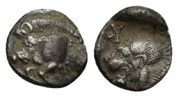 MYSIA. Cyzicus. AR Obol (9mm, 0.9 g), ca. 480-400 B.C.Forepart of boar left, tunny fish upward facing at right; Reverse: Lion's head to left in incuse...
