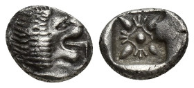 IONIA. Miletus. Ca. late 6th-5th centuries BC. AR obol (8mm, 1.3 g). Milesian standard. Forepart of roaring lion left, head reverted / Stellate floral...