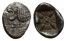 IONIA, Miletos. Late 6th-early 5th century BC. AR Diobol (11mm, 1.3 g). Forepart of lion right, head left / Stellate design within incuse square.