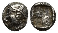 IONIA. Phokaia. Obol (9mm, 1.3 g) (Circa 625/0-522 BC). Obv: Female head left, wearing helmet or sakkos. Rev: Quadripartite incuse square.