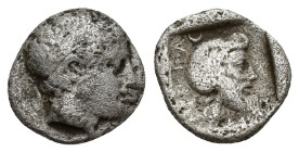 Mysia, Pergamon AR Diobol.(10mm, 1.5 g) Gongylos, or Eurysthenes, as satrap, circa 450-400 BC. Laureate head of Apollo to right / Bearded male head to...