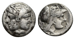 MYSIA. Lampsakos (440-390 BC) ar Trihemiobol (11mm, 1.3 g) Janiform female head Rev: Λ[ΑΜΨ] - head of Athena right, wearing Corinthian helmet.