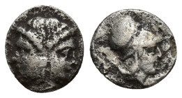 MYSIA. Lampsakos (440-390 BC) ar Trihemiobol (9.8mm, 1.1 g) Janiform female head Rev: Λ[ΑΜΨ] - head of Athena right, wearing Corinthian helmet.