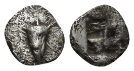 MYSIA, Kyzikos. Circa 550-480 BC. AR Hemiobol   (8.5mm, 0.3 g)  . Head of tunny left / Quadripartite incuse square.