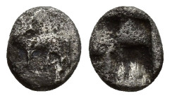 THRACO-MACEDONIAN REGION. Uncertain. AR Obol. Circa 500-480 BC.(8mm 0.5g). Bull standing left, head right / Quadripartite incuse square. Rosen 390. Ra...