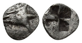 Mysia. Kyzikos 530-500 BC. Hemiobol AR  (8mm, 0.5 g)   Head of tunny right, swallowing another fish/ QUADRIPARTITE incuse square.