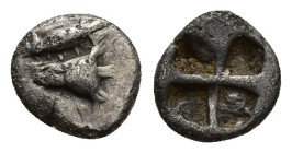 Mysia, Kyzikos. Circa 530-500 BC. AR Hemiobol. (7.7mm, 0.3 g) Tunny head right over tunny right / Quadripartite incuse square.