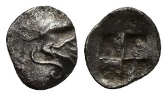 Mysia, Kyzikos. AR Hemiobol. Circa 550-500 BC.(8.7mm 0.3g). Tunny to left; below, lotus flower to left / Quadripartite incuse square. CNG 94 (2013), 4...