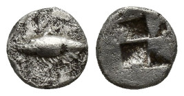 Mysia, Kyzikos. Circa 600-550 BC. AR, Hemiobol. (7.8mm, 0.5 g)  Tunny fish swimming right / Quadripartite incuse square.