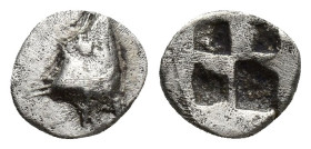 Mysia, Kyzikos. Ca. 550-500 B.C. AR, Obol (8.5mm, 0.6 g). Head of tunny right / Quadripartite incuse square.