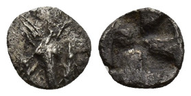 Mysia, Kyzikos. Ca. 550-500 B.C. AR, Hemiobol (8.3mm, 0.3 g). Head of stag facing; tunny fish to left and right / Quadripartite incuse square. Klein 2...