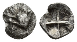 Mysia, Kyzikos. Ca. 550-530 B.C. AR, Hemiobol (8.9mm, 0.3 g). Head of bear left, holding tunny fish in mouth / Quadripartite incuse square ("mill-sail...