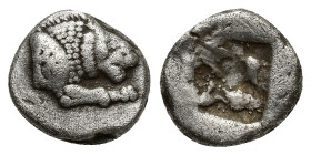 CARIA. Uncertain. 1/6 Stater (9.7mm, 1.8 g) (Circa 500 BC). Obv: Forepart of lion right, with symbol on shoulder. Rev: Incuse square punch.