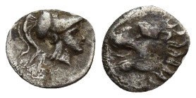PAMPHYLIA. Side. Obol (10mm, 0.5 g) (3rd-2nd centuries BC). Obv: Helmeted head of Athena right. Rev: Head of lion left with open mouth.
