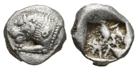 Caria, Mylasa, c. 520-490 BC. AR Tetrobol (10mm, 1.7g). Forepart of roaring lion l. R/ Rough incuse punch.