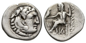 Kingdom of Macedon, AR Drachm. (17mm, 4.2 g) in the name and types of Alexander III. Uncertain mint, Head of Herakles to right, wearing lion skin head...