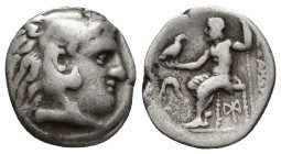 Kings of Macedon, Alexander III “the Great” (336-323 BC). AR Drachm (17mm, 4.2 g). Miletos, c. 300-295. Head of Herakles r., wearing lion skin. R/ Zeu...