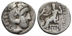 Alexander III the Great. 336-323 B.C. AR drachm (16mm, 4.1 g). Kolophon mint, struck ca. B.C. 310 - 301 Head of Herakles right, wearing lion's skin he...