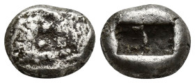 LYDIA CROESUS, king 561-546 BC. Third stater, silver. AR (13mm, 3.6 g). Forepart of lion r., and forepart of bull l. Rev. Two incuse squares of differ...