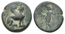 Pamphylia. Perge 190 BC. Bronze Æ (14mm, 3.6 g). Sphinx seated right / [И]ΑΝΑΨΑ[Σ] ΠΡE[IIAΣ] (=ϝΑΝΑΣΣΑΣ ΠΕΡΓΑΙΑΣ); Artemis huntress standing left, hol...