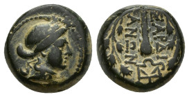 LYDIA, Sardes. Circa 133 BC-AD 14. AE (Bronze, 13mm, 4.7 g). Laureate head of Apollo to right. Rev. ΣAPΔIANΩN Club; all within laurel wreath; to right...
