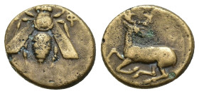 IONIA, Ephesos. Circa 370-350 BC. Æ (13mm, 2 g). Bee with straight wings / Stag kneeling left, head right.