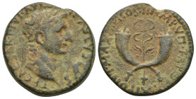Tiberius. AD 14-37. Æ Dupondius (27mm, 14.8 g). Commagene mint. Struck AD 19-20. Laureate head right / Winged caduceus between two crossed cornucopias...
