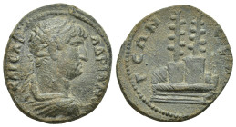 PISIDIA, Selge. Hadrian. AD 117-138. Æ (25mm, 9.8 g). Laureate, draped, and cuirassed bust right / Base supporting two sacred trees