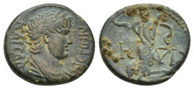PAMPHYLIA, Side. Nero. AD 54-68. Æ (15mm, 4 g). Struck circa AD 65. Draped bust right / Athena standing left, holding spear and shield; serpent at her...