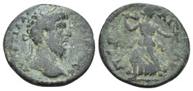 PAMPHYLIA, Perge. Marcus Aurelius. AD 161-180. Æ (19mm, 3.6 g). Laureate and draped bust right, seen from behind / Artemis advancing left, head right,...