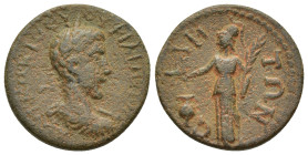 PAMPHYLIA. Side. Philip I (244-249). Ae. (23mm, 6.3 g) Obv: AV K M IOYΛ ΦΙΛΙΠΠΟ CE. Laureate, draped and cuirassed bust right. Rev: CIΔHTΩN. Athena st...