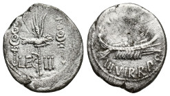Mark Antony 32-31 BC. Possibly Patrae Denarius AR. Legionary issue. (19mm, 3,2 g). LEG III; aquila right between two signa. / ANT AVG above, III VIR •...