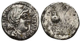 C. Cassius Longinus, 43-42 BC. Denarius , (17mm, 3.8 g) with L. Cornelius Lentulus Spinther. Military mint moving with the army of Brutus and Cassius ...