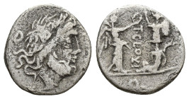 T. Cloelius 98 BC. Rome Quinarius AR (14.9mm, 1,7 g). Laureate head of Jupiter right, behind, O with three dots / Victory standing right, crowning tro...