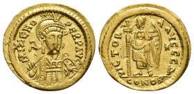 Zeno, Eastern Roman Emperor (AD 474-491). AV solidus (19.8mm, 4.6 g). Constantinople, 4th officina, second reign, 476-491. D N ZENO PERP AVG, pearl-di...