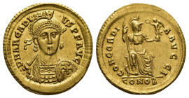 Arcadius, 383-408. Solidus (Gold, 20mm, 4.4 g), Constantinople, 397-402. D N ARCADI - VS P F AVG Helmeted, diademed and cuirassed bust of Arcadius fac...