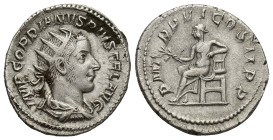 Gordian III AR Antoninianus. (21mm, 4.8 g) Rome, AD 241-243. IMP GORDIANVS PIVS FEL AVG, radiate, draped and cuirassed bust right / P M TR P VI COS II...