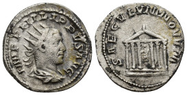 Philip I. A.D. 244-249. AR antoninianus (22mm, 4 g). Rome mint, Struck A.D. 249. IMP PHILIPPVS AVG, radiate, draped, and cuirassed bust right / SAECVL...