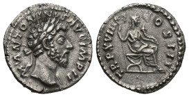Marcus Aurelius AR Denarius. (17mm, 2.9 g) Rome, AD 163-164. M ANTONINVS AVG IMP II, laureate head to right / TR P XVIII COS III, Felicitas seated to ...