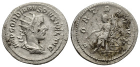 Gordian III AR Antoninianus. (24mm, 3.6 g) Rome, AD 143-144. IMP GORDIANVS PIVS FEL AVG, radiate, draped and cuirassed bust right / FORT REDVX, Fortun...