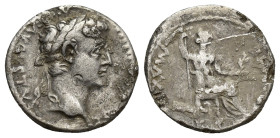 Tiberius (14-37 AD). AR Denarius (17mm, 3.3 g), Lugdunum, 15-18. Obv. TI CAESAR DIVI AVG F AVGVSTVS, Laureate head of Tiberius to right. Rev. PONTIF M...