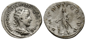 Gordian III. AD 238-244. Rome Antoninianus AR (23mm, 4,1 g). IMP GORDIANVS PIVS FEL AVG, radiate, draped and cuirassed bust right / P M TR P II COS P ...