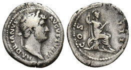 HADRIAN (117-138). Denarius. (18mm, 3.1 g) Rome. Obv: HADRIANVS AVGVSTVS P P. Laureate head right. Rev: COS III. Roma seated right on cuirass and shie...