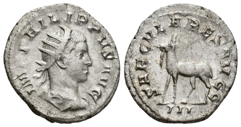 PHILIP II (247-249). Antoninianus. (22mm, 4 g) Rome. Obv: IMP PHILIPPVS AVG. Rad...