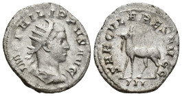 PHILIP II (247-249). Antoninianus. (22mm, 4 g) Rome. Obv: IMP PHILIPPVS AVG. Radiate, draped and cuirassed bust right. Rev: SAECVLARES AVGG / III. Goa...