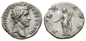 Antoninus Pius AD 138-161. Rome Denarius AR (15mm, 2.9 g). ANTONINVS AVG PIVS P P COS III, laureate head of Antoninus Pius right / PAX AVG, Pax, drape...