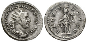 Philippus I Arabs (244-249 AD). AR Antoninianus (22mm, 4.8 g), Roma (Rome), 244-247 AD. Obv. IMP M IVL PHILIPPVS AVG, Radiate, draped and cuirassed bu...